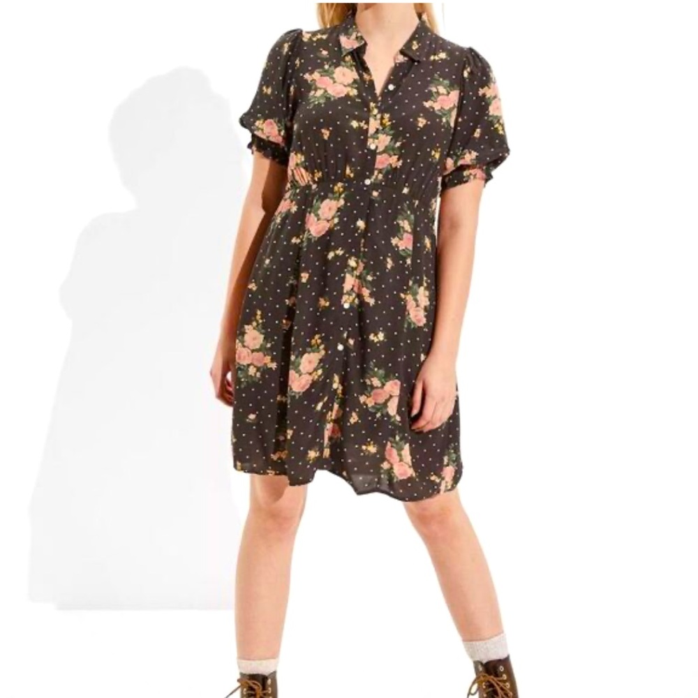 American Eagle AE Floral Polka Dot Puff Sleeve Grey Shirt Dress